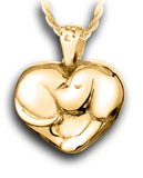 A gold pendant showing a sleeping puppy curled up in the shape heart and a tiny paw print on the bail for the chain.