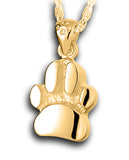 A Gold slightly curved paw print pendant with a textured background and a small paw print on the bail.