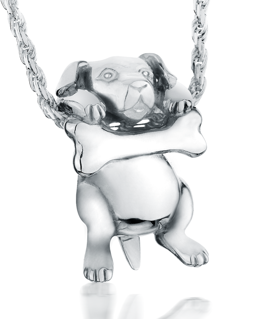 A silver pendant featuring a stylized puppy holding a bone. This puppy also has a moving tail that wags