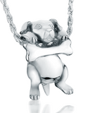 A silver pendant featuring a stylized puppy holding a bone. This puppy also has a moving tail that wags