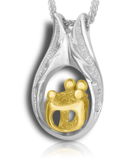 A gold and silver family pendant design featuring two adults and two children framed in an angel wing 