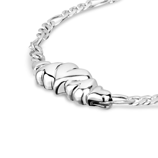 A 5 heart silver bracelet featuring 5 hearts attached to a Figaro bracelet