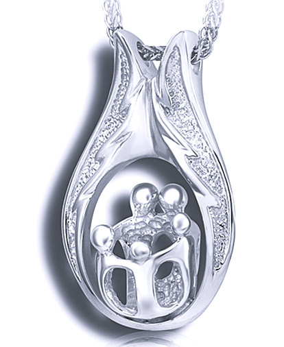 A silver family pendant with a design of two adults and three children embracing framed by an angel wing.