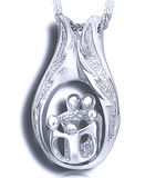 A silver family pendant with a design of two adults and three children embracing framed by an angel wing.