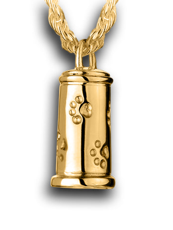 A small gold urn pendant featuring paw print designs around it and ribbed top and bottom profile